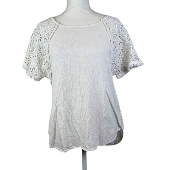 Umgee Linen Blend Short Sleeve Top Oatmeal Crochet Fringe Detail Size Medium - Picture 2 of 10